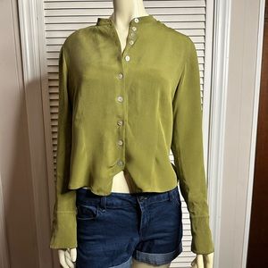Olive Green Due Per Due 100% Silk Bohemian Button Down Shirt